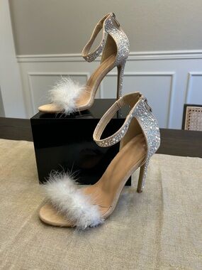 Crystal Embellished Feather Strap High Heel Sandals - Nude Size 10 Bridal
